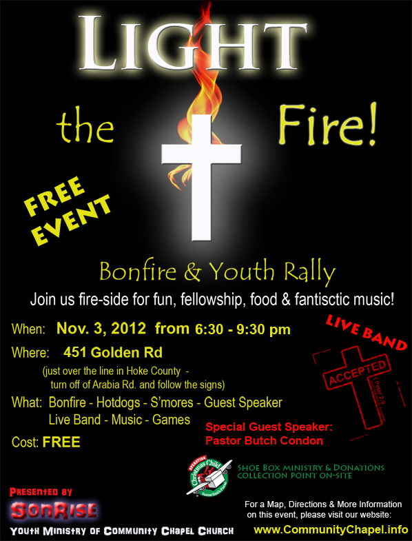 Light the Fire! Bonfire & Youth Rally - November 3rd from 6:30pm - 9:30 pm 